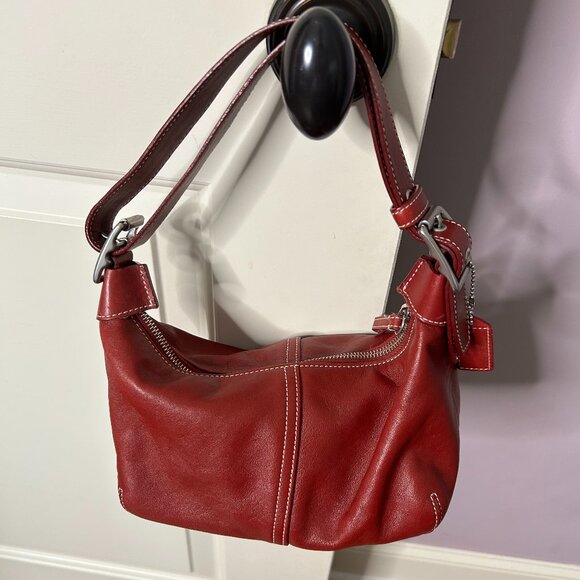 Coach Red Leather Shoulder Bag with Dark Red Satin Interior - Picture 1 of 3